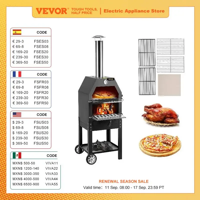 VEVOR 12 "ไม้ทอดพิซซ่าเตาอบล้อ & Handle ประหยัดพลังงาน2-Layer แบบพกพาสำหรับสนามหลังบ้าน camping Site Park กลางแจ้งเบเกอรี่