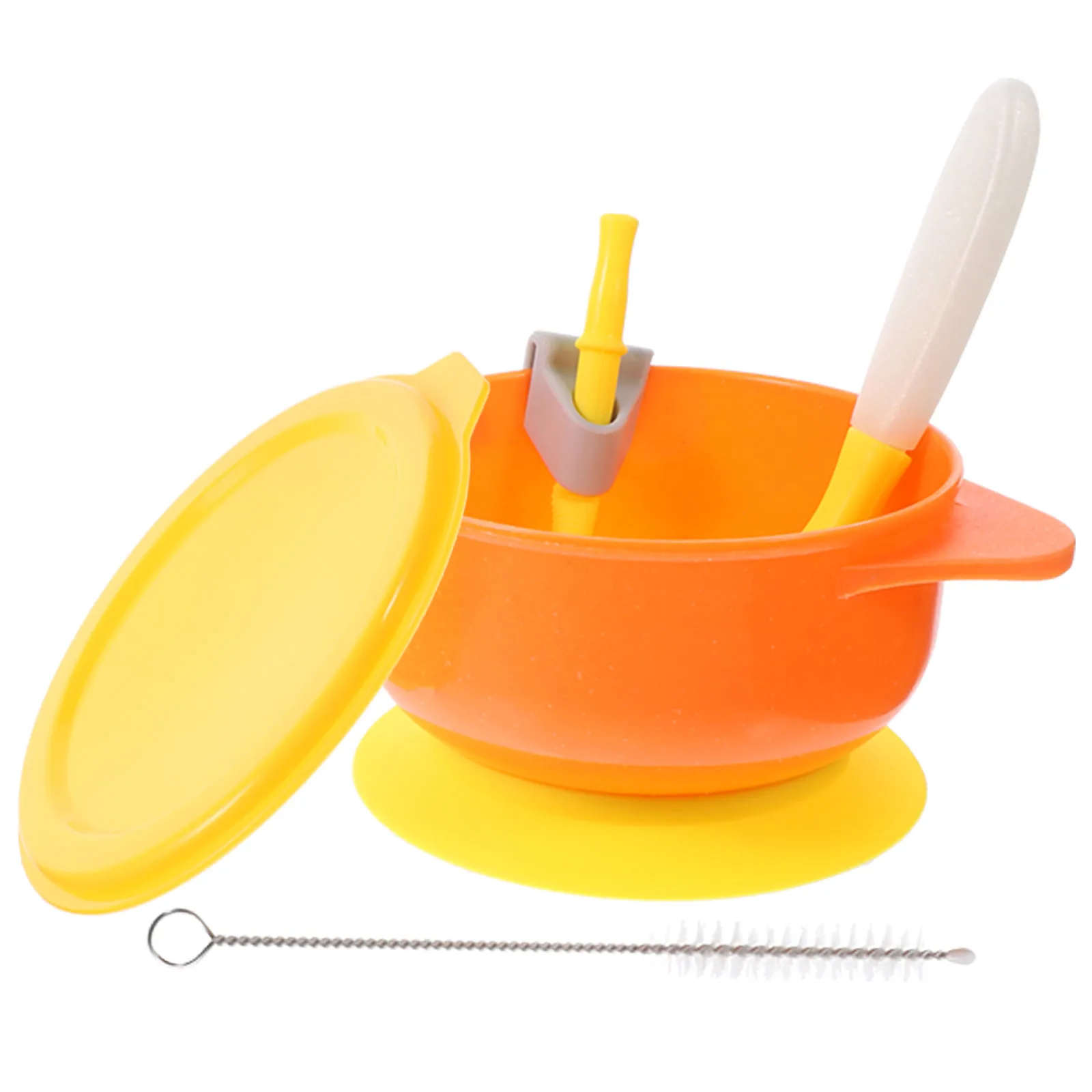 

s Baby Suction Bowl Set Yellow ange Anti Scald Fall Proof Self Feeding Bowls Lid Spoon Straw Suction Cup Cleaning Brush