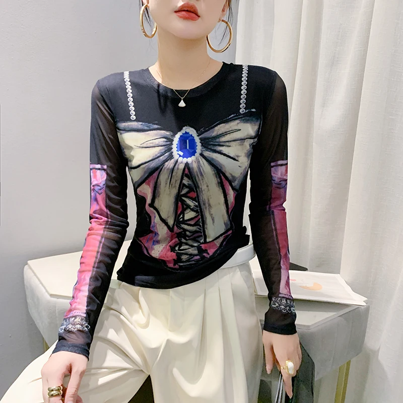 유럽 스타일 롱 슬리브 라운드 넥 티셔츠 여성 프린트 슬림핏 베이스 티셔츠 스트리트 스타일 가을 신상