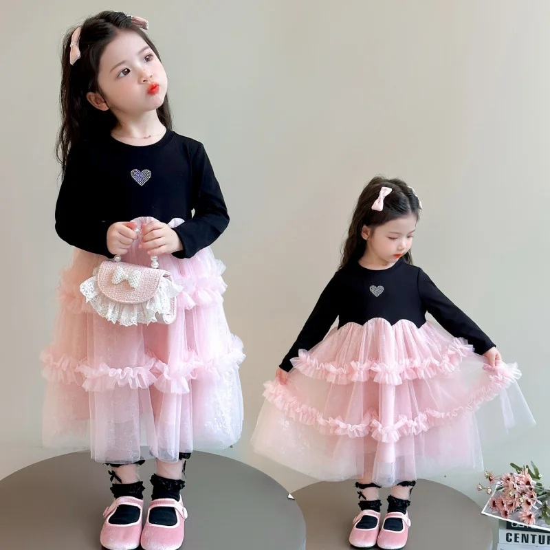 2026New Girl's Heart-shaped Mesh Dress Children's Stylish Super Fairy Puffy Dress for Little and Medium-sized Kids Princess Dres