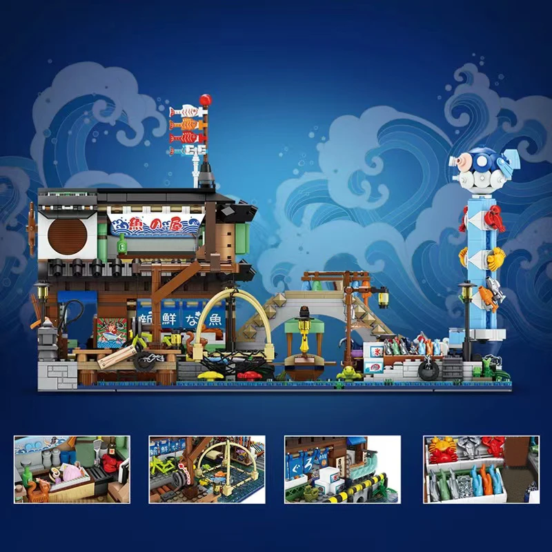 LOZ MINI Creative Japanese Style Fish Stall Shop Building Block MOC Idea Fishpond Store Bricks Holiday Puzzle Kids Toys Gifts