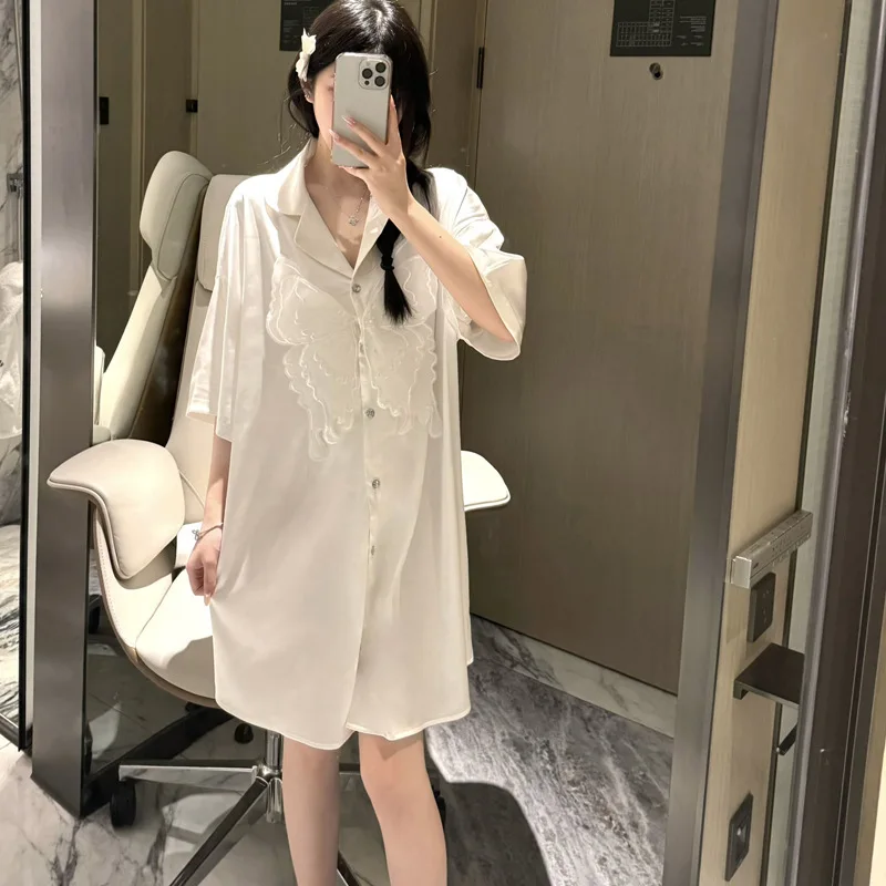 Spring Summer Ice Silk Satin Shirt Midskirt Nightdress Pure Cardigan Butterfly Seven-point Sleeve Ice Silk Thin Pajamas Woman Pj