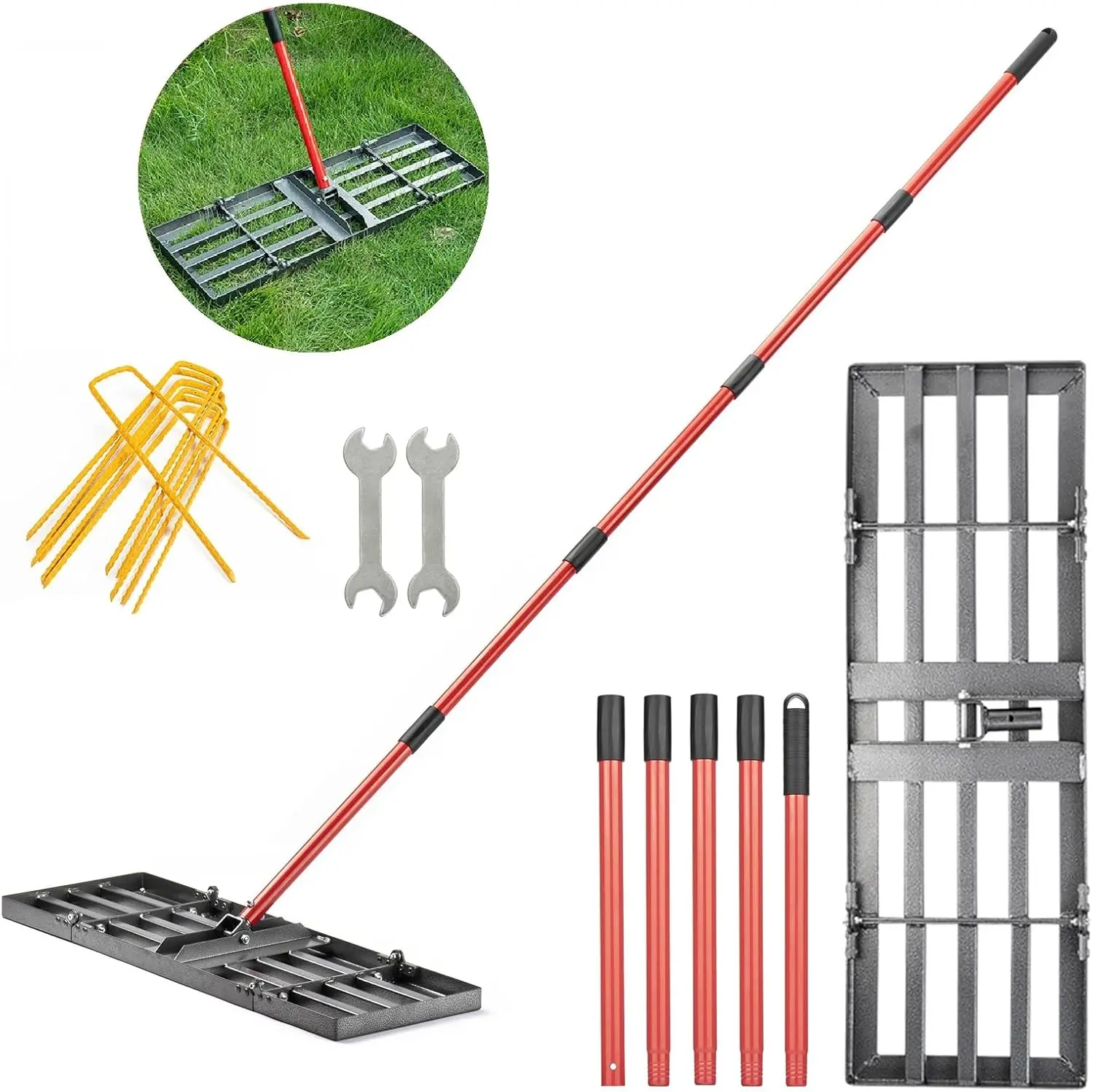 

Adjustable Lawn Leveling Rake with 78" Steel Handle, 30"x10" Plate for Yard, Grass, Soil, Dirt or Golf Field
