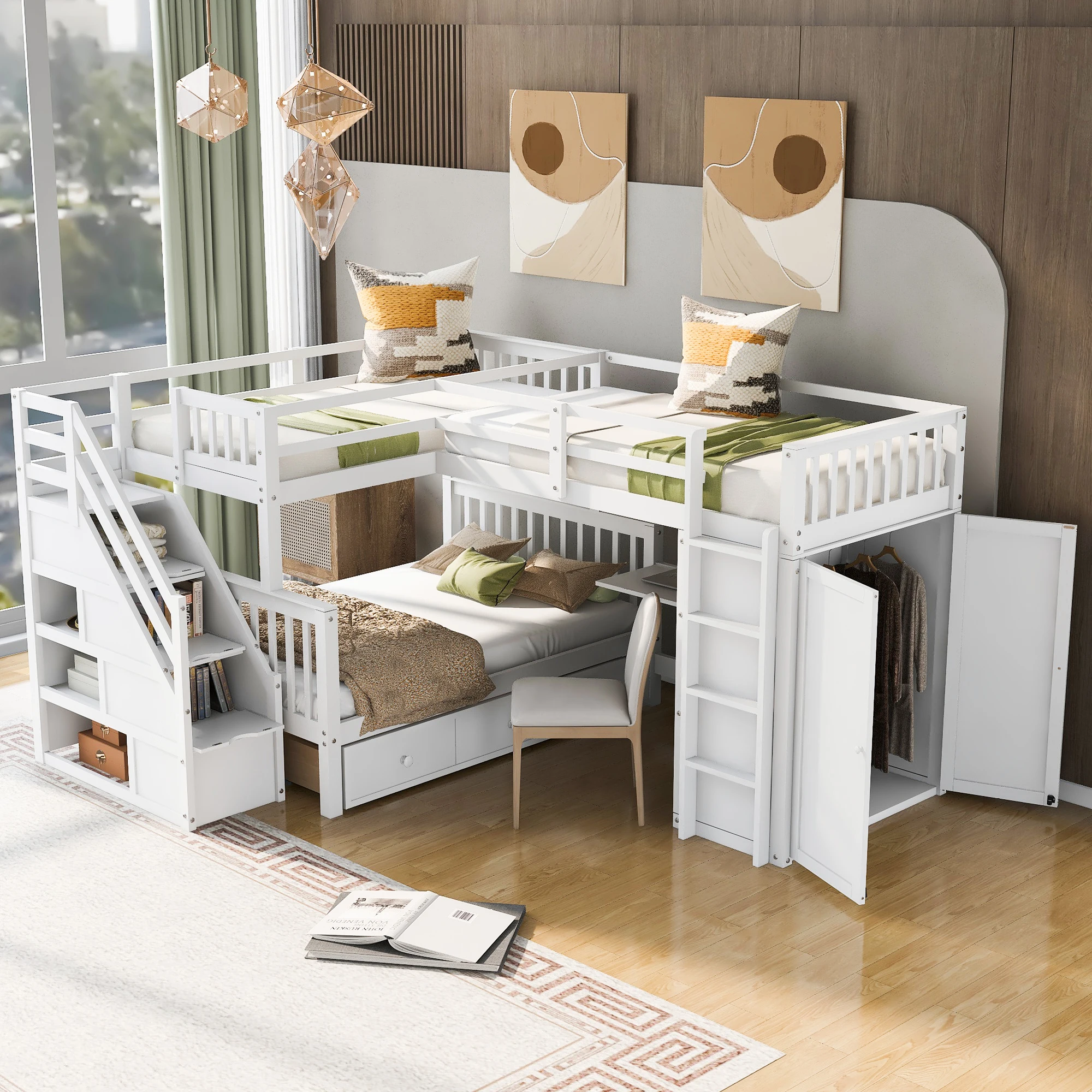 Twin-Twin over Full L-Shaped Bunk Bed with 3 Drawers, Portable Desk and Wardrobe, White  118.30x94.10x62.20 in.