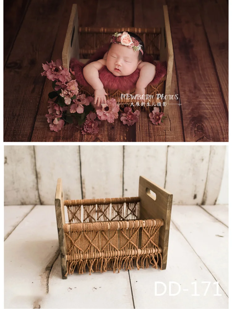 Newborn Photography Props Mini Vintage Wooden Crib Bohemian Small Bed Baby Posing Props for Studio Shooting Props Handmade Woven