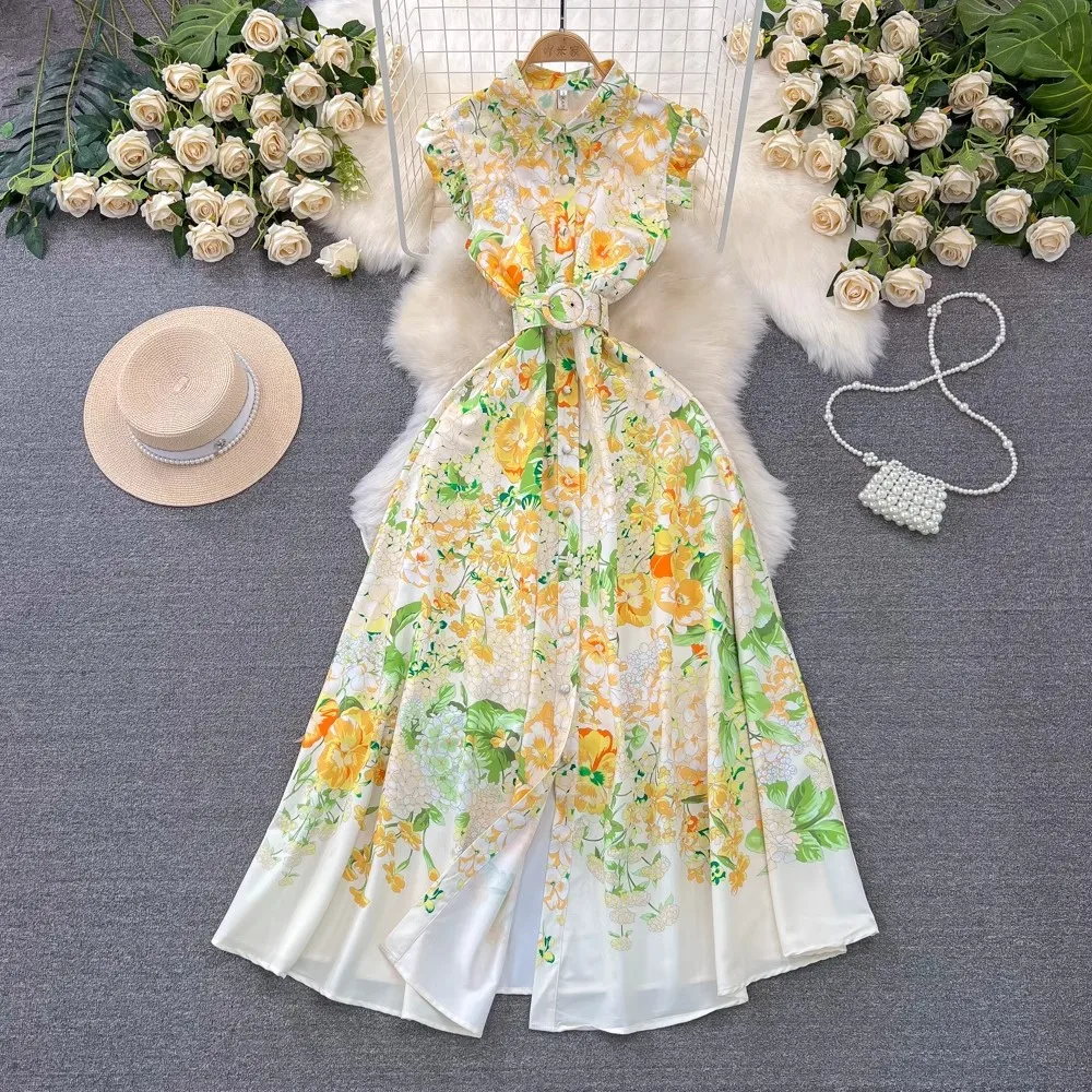 2024 New Summer Women Print Palce StyleTurn Down Collar Flying Sleeve Belt Single Breasted Boho Beach Holiday Dresses