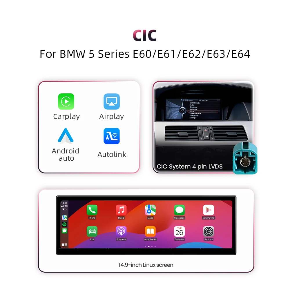 BONROAD 14.9Inch Auto Multimedia Draadloze Carplay Android Autoradio GPS Voor BMW 5 Serie E60 E61 E62 Met 2560*720 P Touchscreen