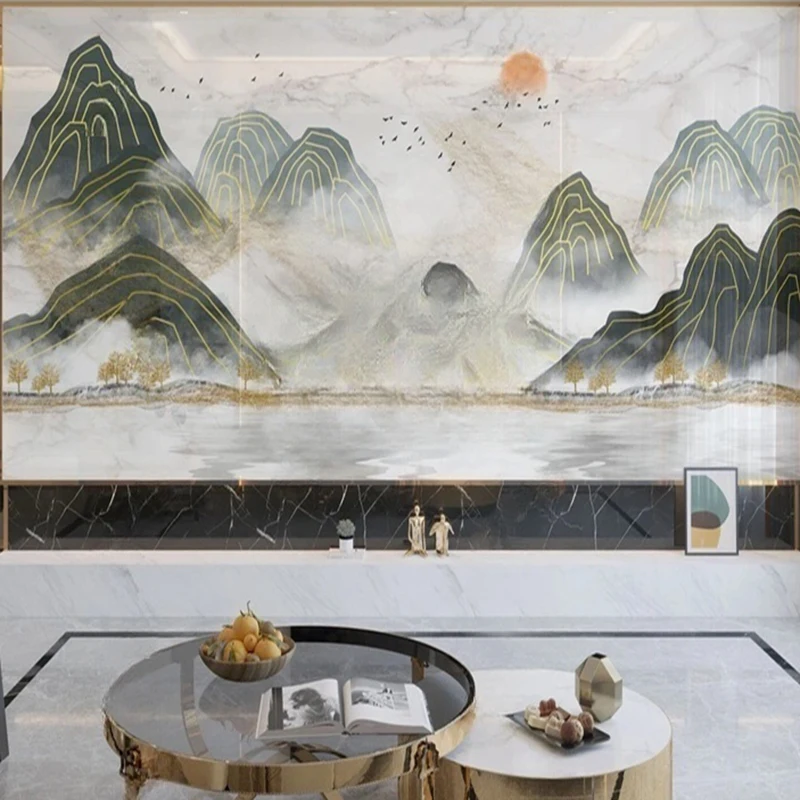 Custom Chinese Landscape Mural Wallpaper Hand-Painted Line Abstract Style Marble Texture TV Feature Wall for Living Room Bedroom