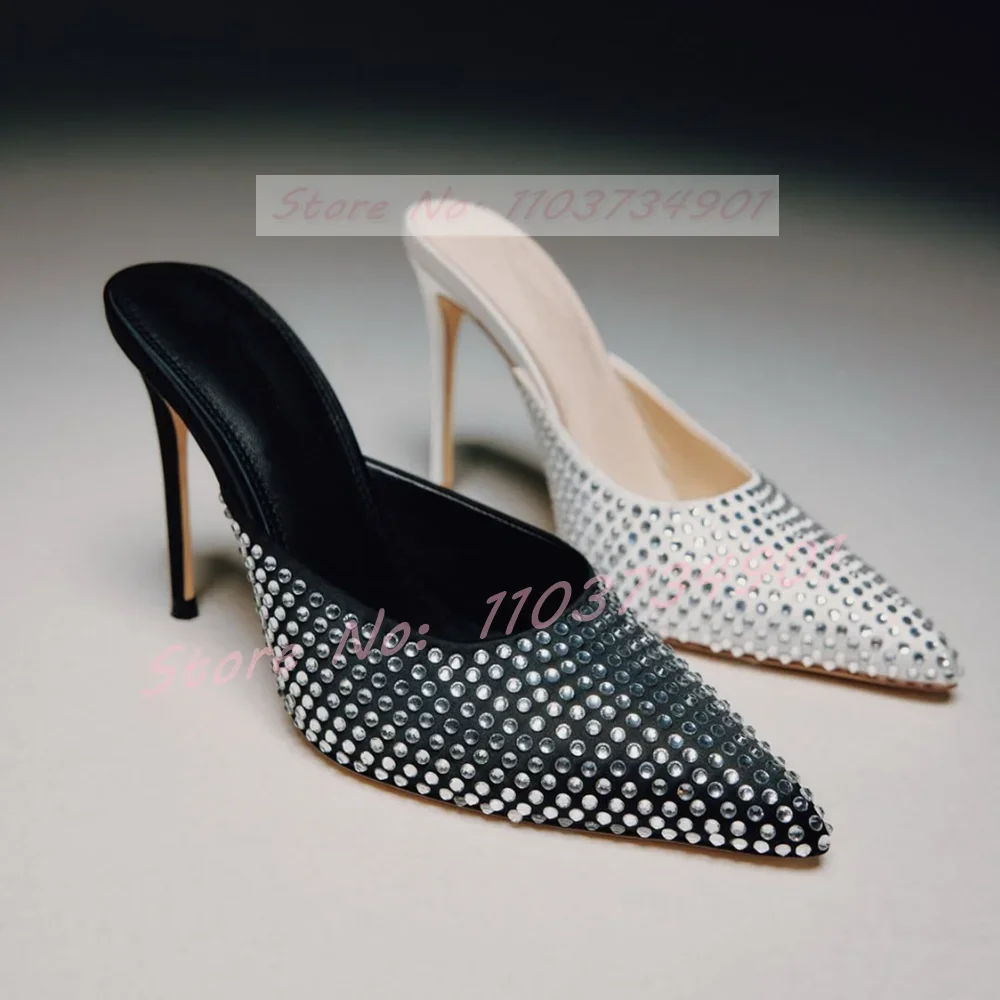 

Crystals Pointed Toe Slippers Female Big Size Luxury Outdoor Slip-on Thin High Heels Shoes Ladies Casual Fashion Party Mules