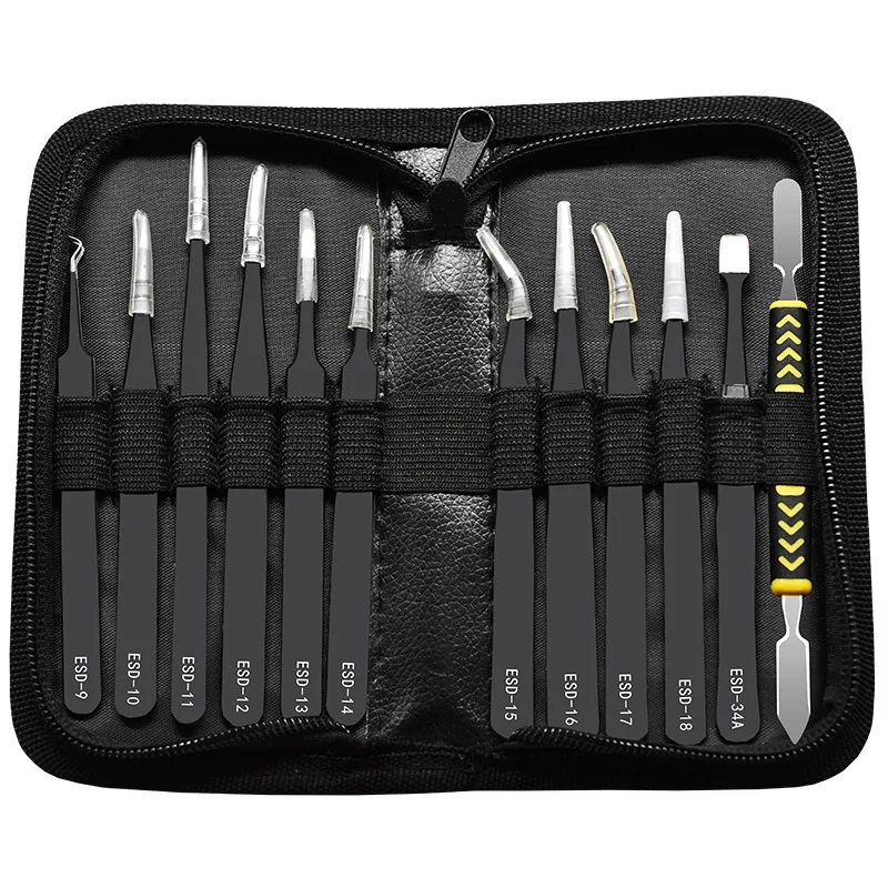 Pincettes de précision ESD antistatiques en acier inoxydable, coude droit avec sac, outil de réparation et d'entretien, pincettes industrielles 12 pièces/ensemble