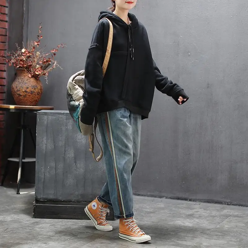 2023 Spring Autumn New Cowboy Wide Leg Trousers Women Vintage Loose Elastic Waist Pockets Vertical Stripe Patchwork Haren Pants