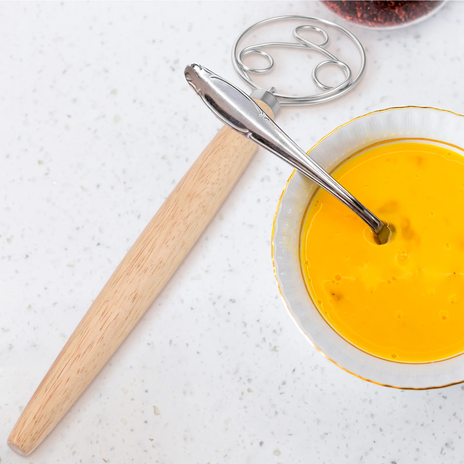 

1Pcs Oak Handle Dough Whisk Stainless Steel Flat Whisk for Homemade Bread Cake Pancake Mixing Kitchen Gadget Wood Color Baking