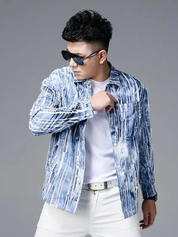 

Men's Casual Cotton Linen Stripe irt Long Sve Outerwear Trendy Faionable European Sle Collar Daily Wear