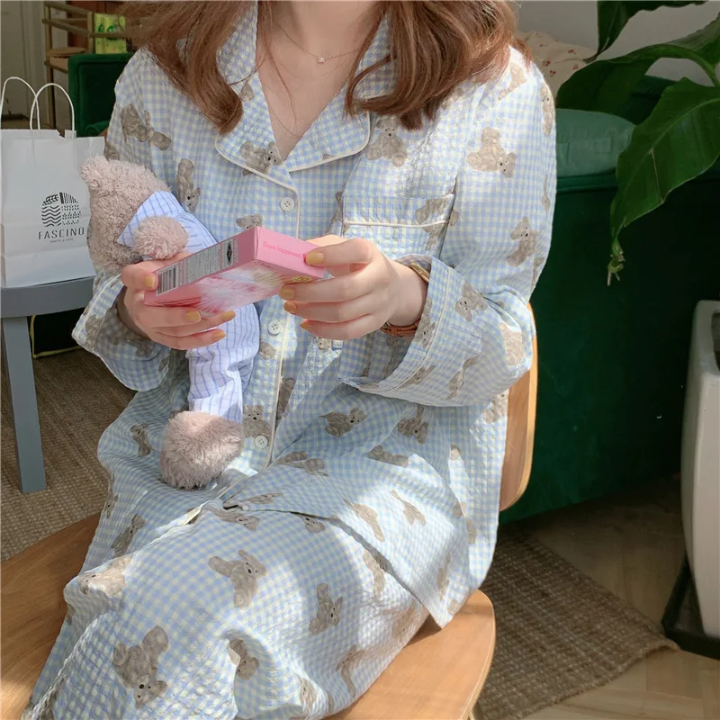 

Cute Plaid Pure Cotton Spwear Women's Spring Autumn Casual Home Sle Student Sweet Home Clothes Fem Home Suit