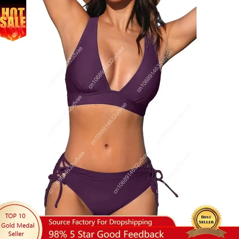 Bikini Set for Women Two Piece Swimsuit V Neck Triangle Top Wide Straps Cross Back Lace up Mid Rise