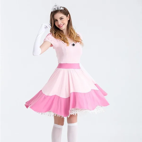 3Pcs Adult Princess Peach Costume Pink Short Dress with Gloves Crown Women Cosplay Party Carnival Halloween Masquerade Outfits