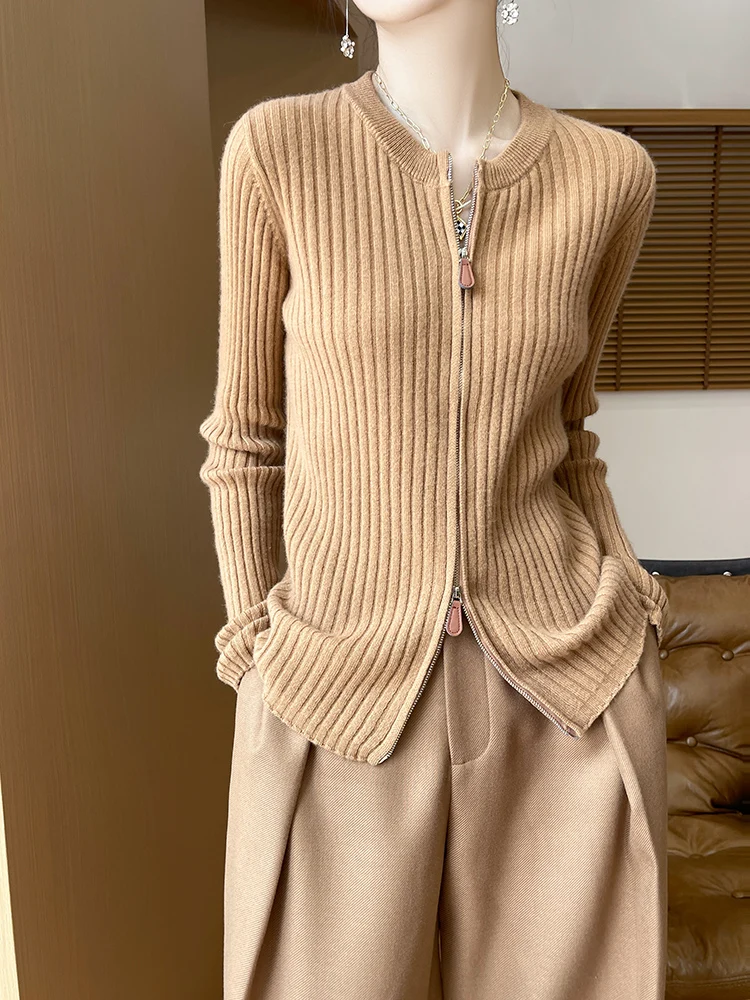 

Chic Women's Cardigans Cashmere Zippers Sweater 100% Merino Wool Knitwear Autumn Striped Long Sleeve Slim Female Clothing Tops