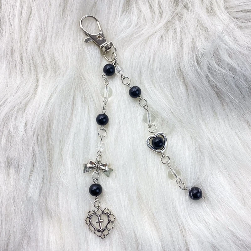 Black Clear Bead Keychain Cool Y2K Phone Charm Girls Bowknot Heart Keychain Handmade DIY Accessories
