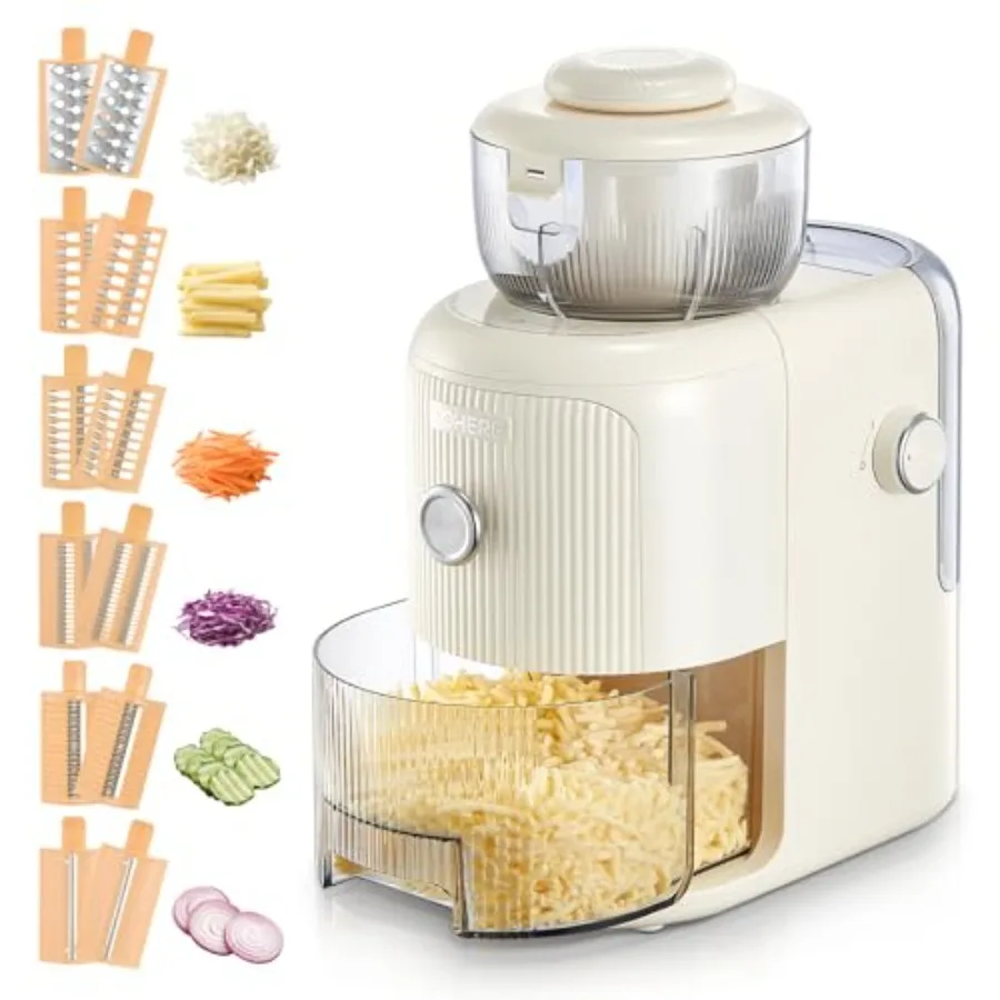

Электрическая терка для сыра 6 в 1 с контейнером 1,8 л и широким отверстием 3,6 см для сыра в блоках и овощей, белая