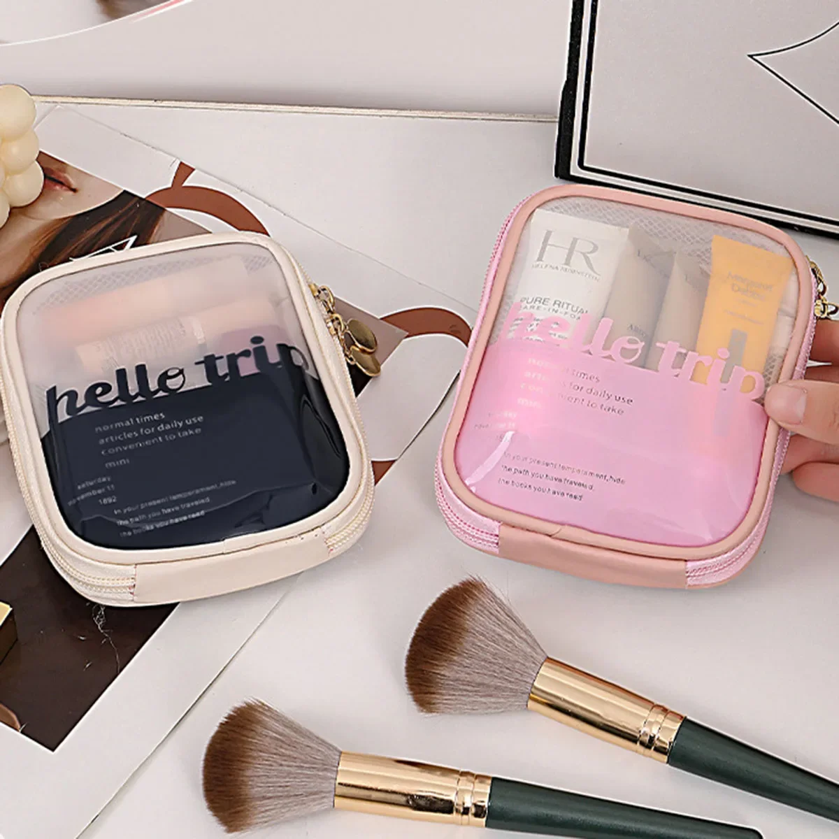 Transparent Portable Cosmetic Pouch Lipstick Organizer Travel Pouch for Bluetooth Headphones Charging Cables Touch-Up Makeup Bag