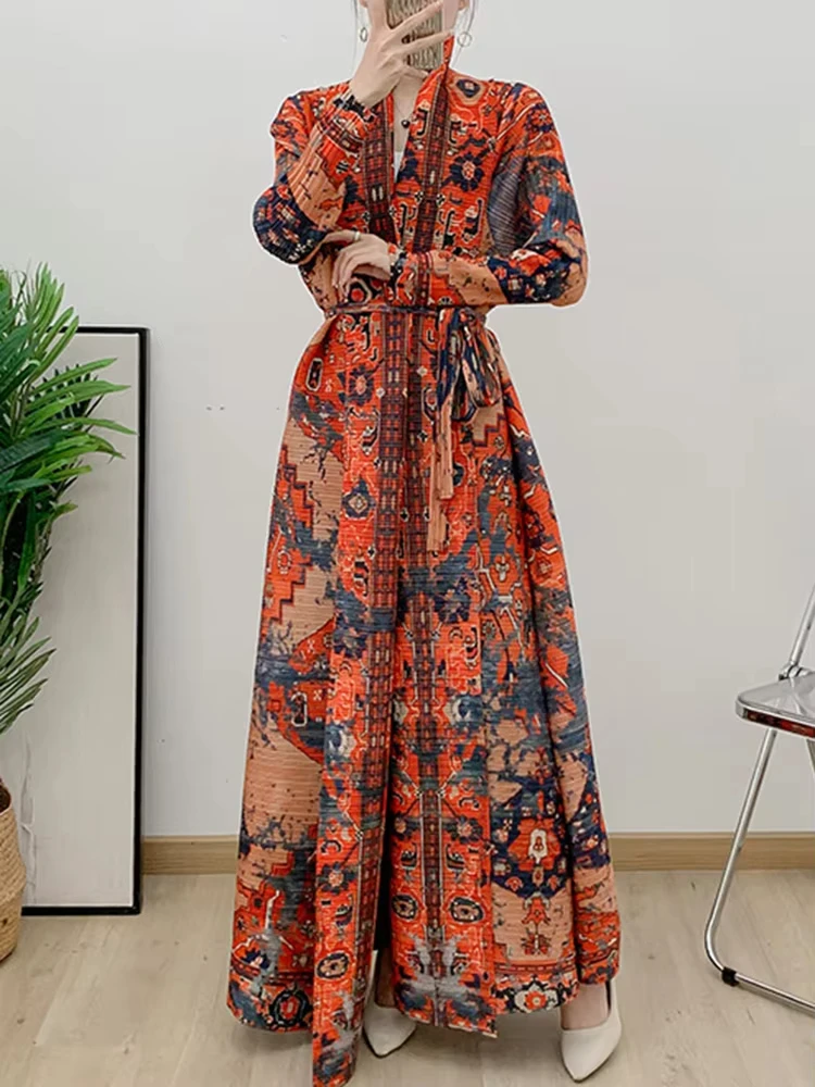 Anlan Geplooide Print Revers Lange Windjack Vrouwen Losse Vintage Stijl Full Mouw Casual Outwear Herfst Nieuwe Trenchcoats 17g8355