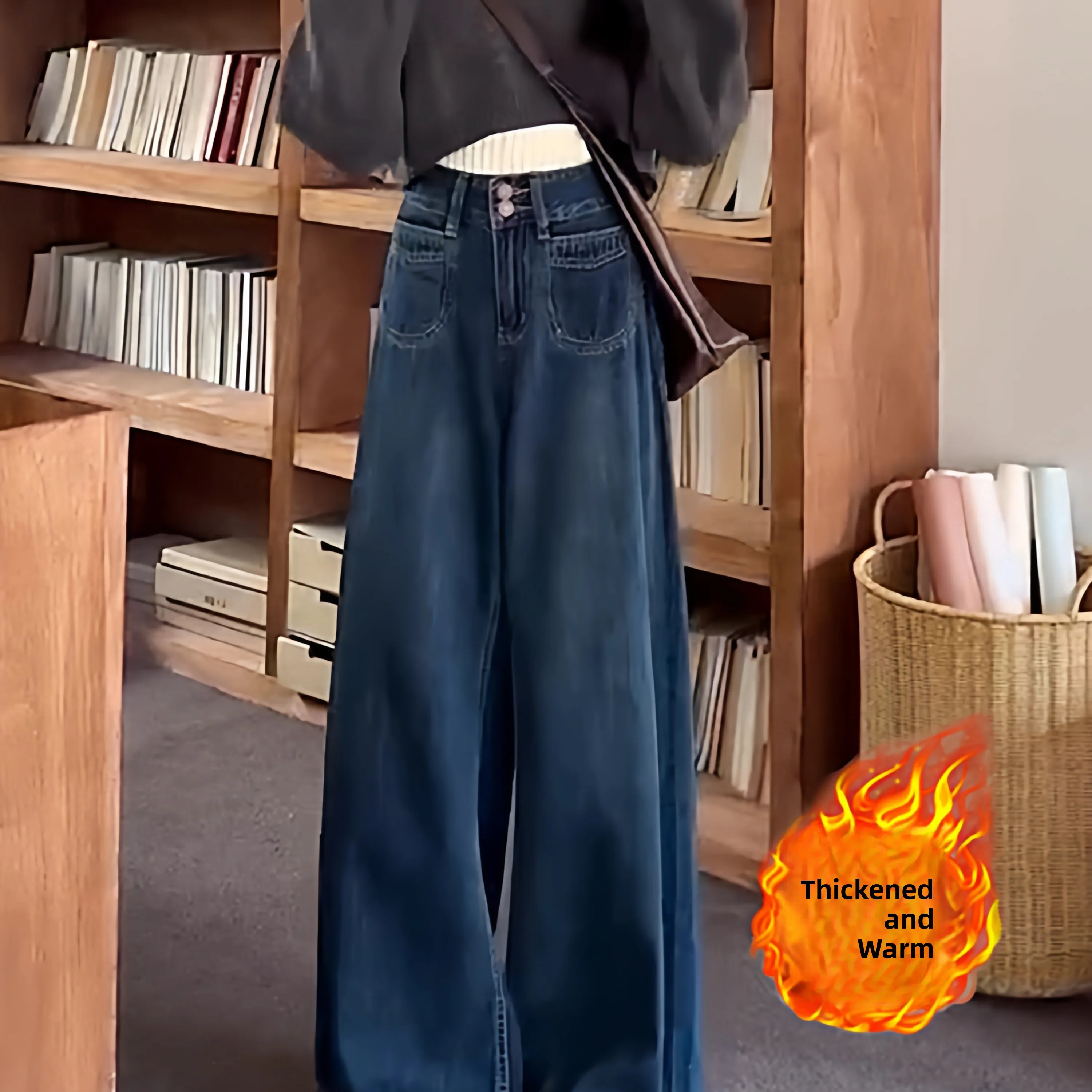 

plus Size Fleece Lined Wide Leg Denim Jeans High Waist Straight Cut Floor Length Pants Women's Deep Blue Pear Shaped Slimming