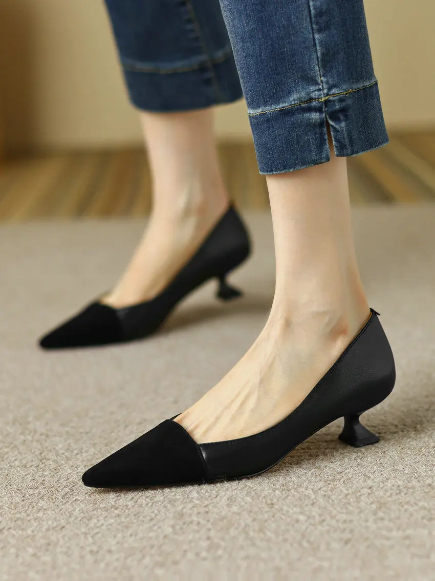 QUTAA 2022 Women Shoes Dress Office Ladies Spring Summer Pointed Toe Med Heel Pumps Genuine Leather Shoes Woman Size 34-39