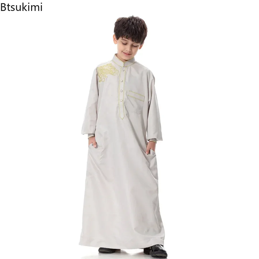 2025 niños musulmanes niños bata saudita Thoub Jubba Thobe Daffah vestido árabe ropa islámica Maxi vestido Abaya Ramadán Thawb Oriente Medio