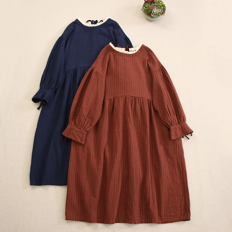 Autumn New Sweet Mori Girl Solid Color Cotton Dress Women O-Neck Long Sleeves Casual Loose Plus Size Midi Dresses