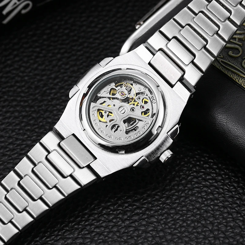 Power Reserve Mechanical Men Wristwatch Skeleton Stainless Steel Powerful Automatic Watch Square Waterproof Hand Clock Hot Sale