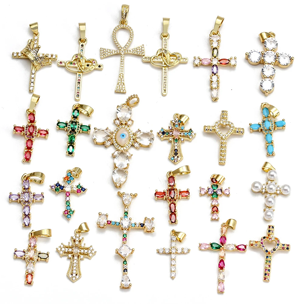 Handmade Colorful Enamel Cross Pendants Wholesale DIY Decoration 18K Gold Plated Christian Evil Eye Crosses Charms Supplies