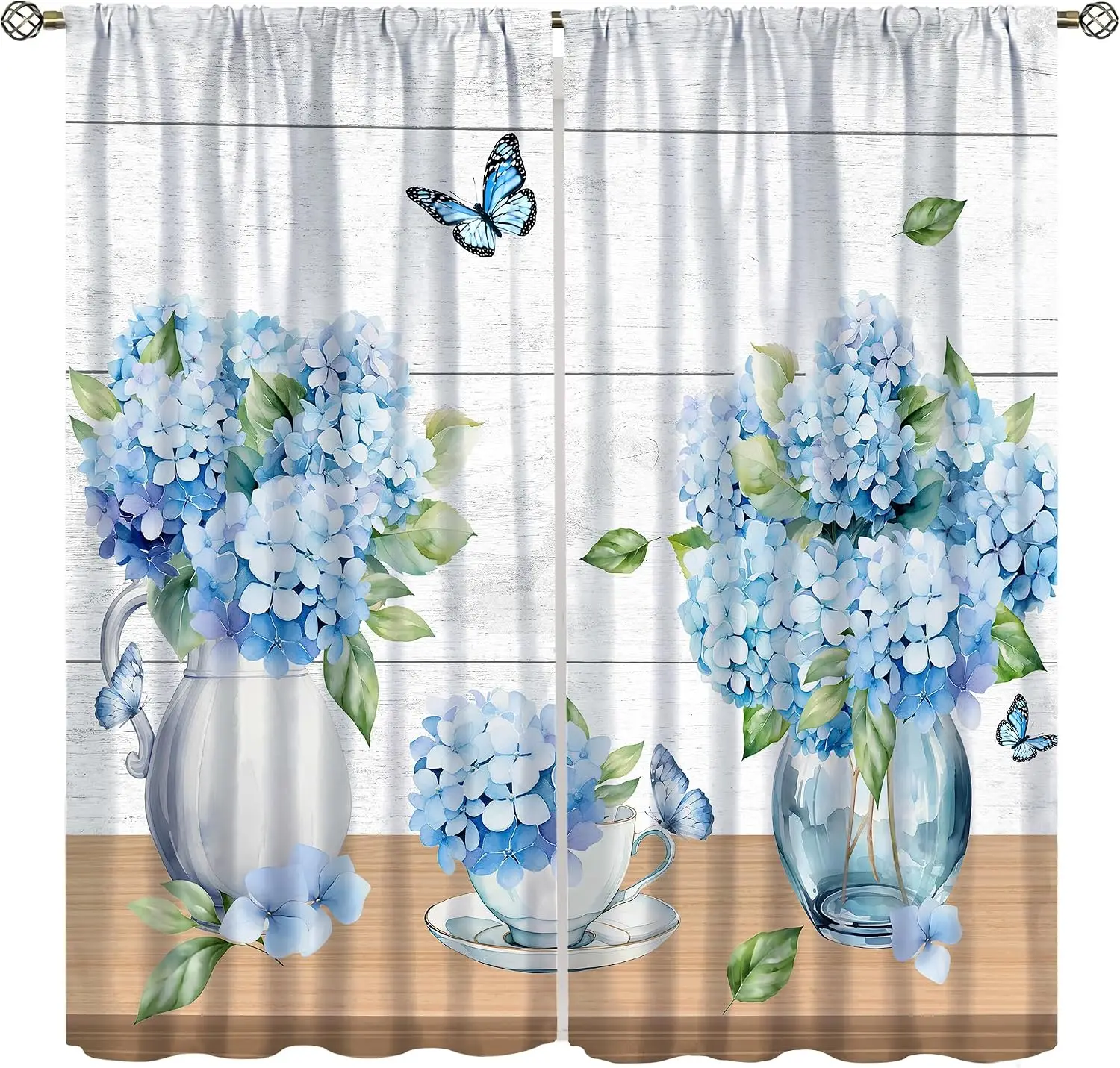 Blue Hydrangea Vase Butterfly Wood Board Print Blackout Rod Pocket Curtain Modern Luxury Elegant Living Room Rest Window