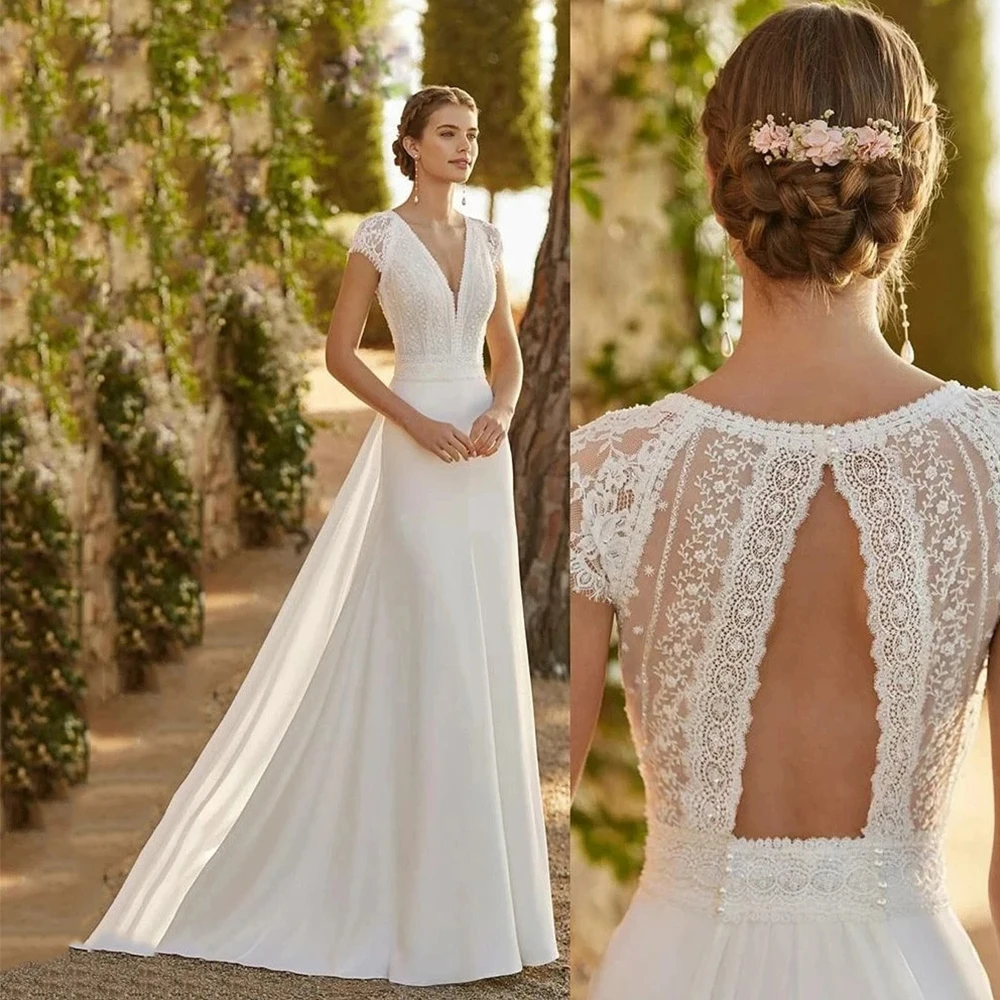 Sem encosto decote em v A-Line vestido de noiva, lindos vestidos de casamento sexy, esfregando sem mangas, ilusão volta Lace Appliques, vestido de praia