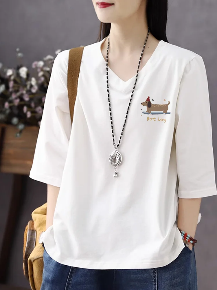 

Women's Slimming Cotton V-Neck 3/4 Sleeve T-Shirt Spring Summer New Style Heart Neck Base Shirt Breathable Casual Loose Fit