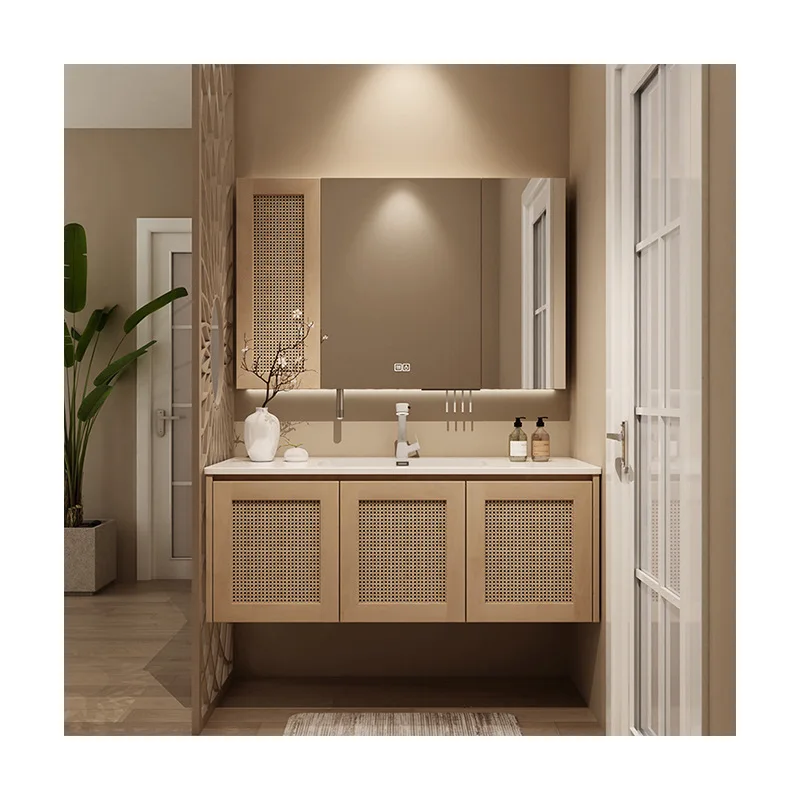 

Retro rattan bathroom cabinet combination ceramic integrated basin Japanese log wind washbasin cabinet smart mirror cabinet