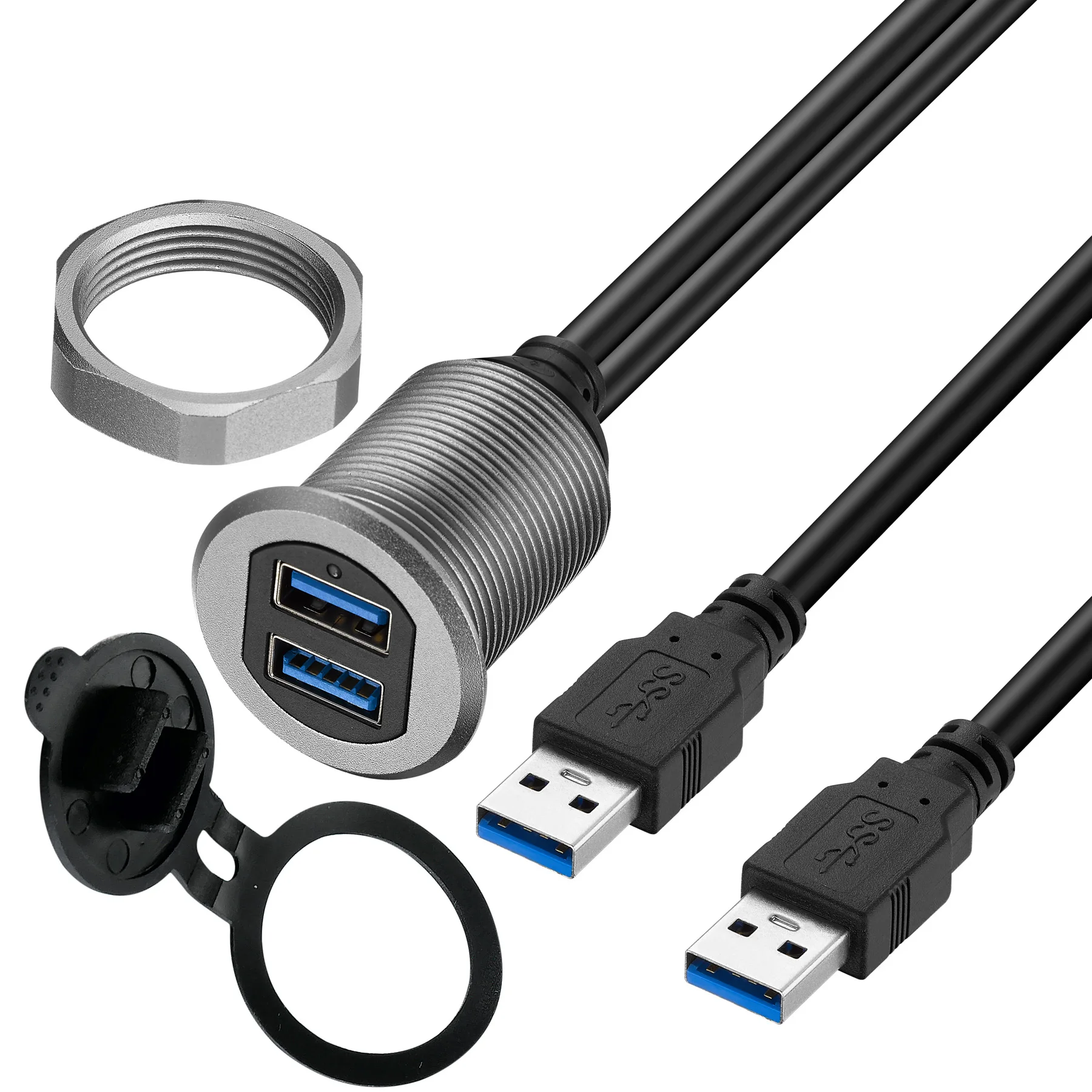 Bochara Flush Mount Panel Dual USB3.0 USB2.0 Male to Female Extension Cable With Indicator Light Aluminum Alloy Shell For Car 1m
