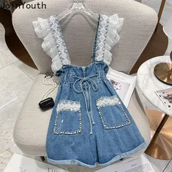 Fashion Denim Shorts Women Clothing Summer Overalls Heavy Beading Ruffles Pantalones Cortos De Mujer Korean Y2k Wide Leg Pants