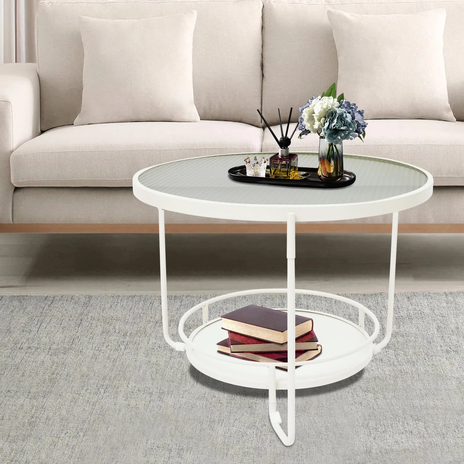 طاولات المقهى الحديثة طاولة جانبية زجاجية مستديرة من طبقتين مع إطار أبيض لأريكة غرفة المعيشة وغرفة النوم