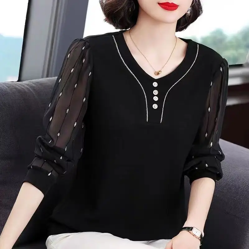 Mom's Spring Autumn Bottoming Shirt Women's New Round Collar Long Sleeved T-shirt Chiffon Spliced V-neck Top L-5XL