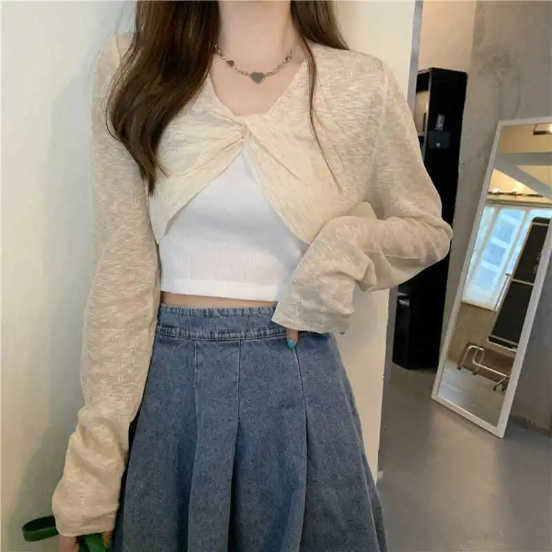 Cropped Pullovers Women Summer Outwear Sunproof Knitted Tops New Slim V-neck Fashion Solid Tender All-match Designed Slouchy