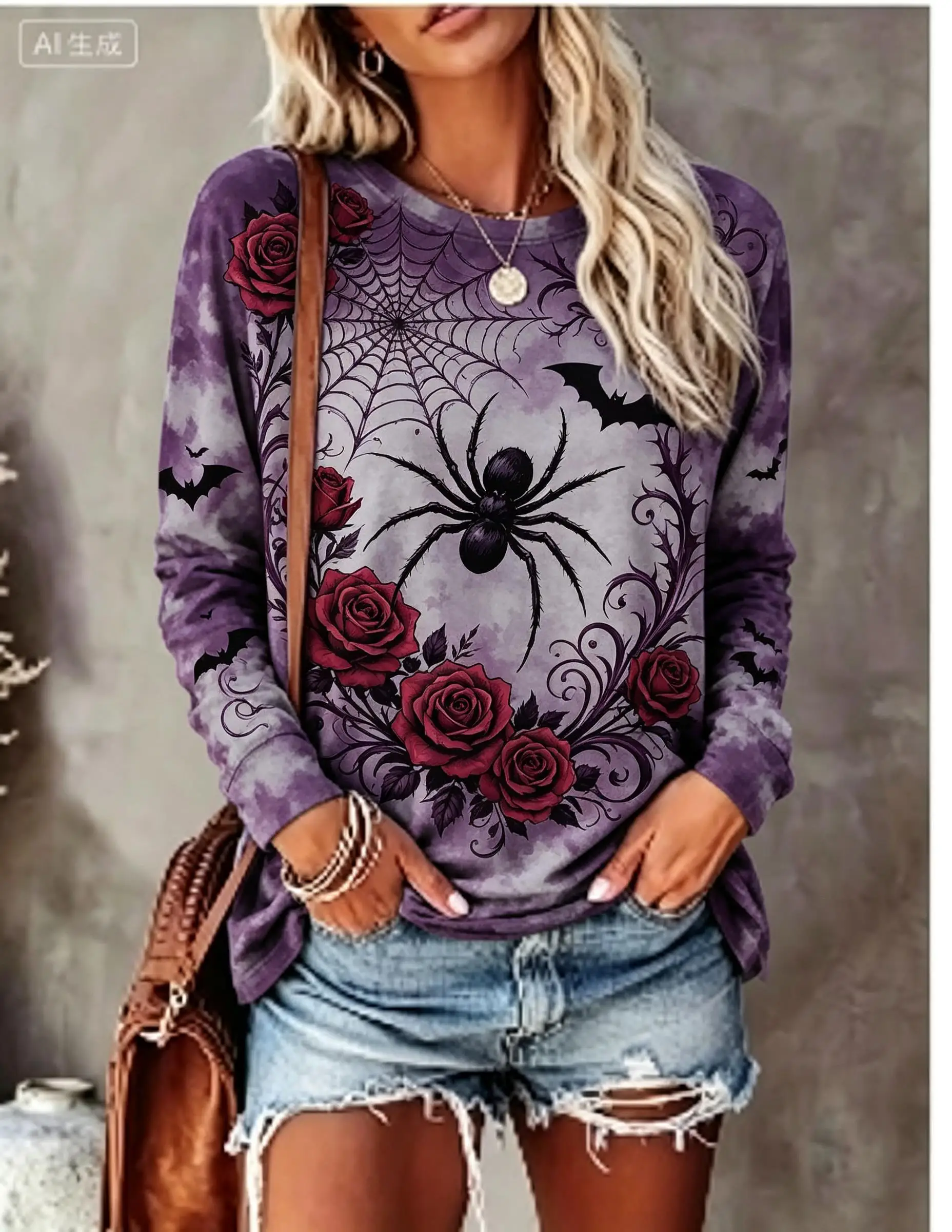 Women Halloween Long Sleeve T‑Shirt Spider Raven Blue Rose Tie‑Dye Gothic Print Crew Neck Tops