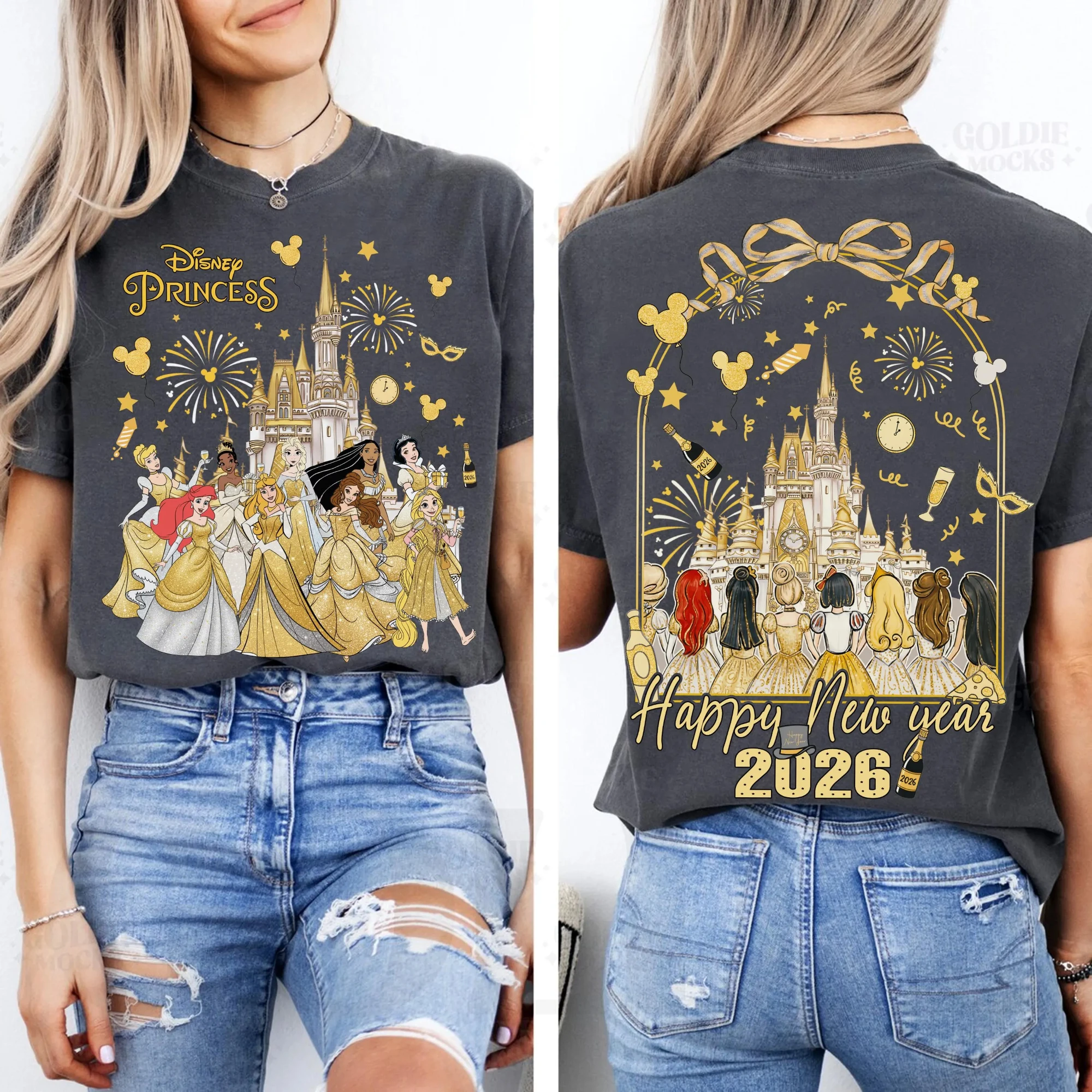 تي شيرت ديزني برينسيس 2026 بفيونكة للعام الجديد ، عائلة ديزني 2026 تي شيرت سنة جديدة سعيدة ، 2026 تي شيرت جولة ديزني العالمية Epocat
