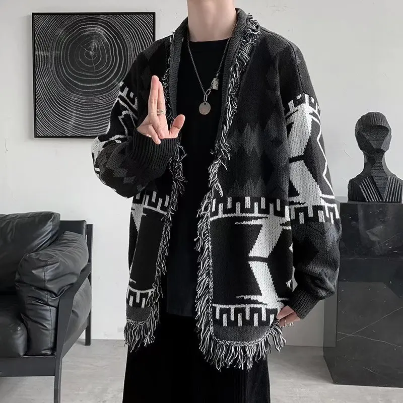 

Japanese Mens Sweatercoat Baggy Cardigan Sweater Retro Casual Autumn and Winter Knitted Cardigan Oversized Long Sleeved V-neck