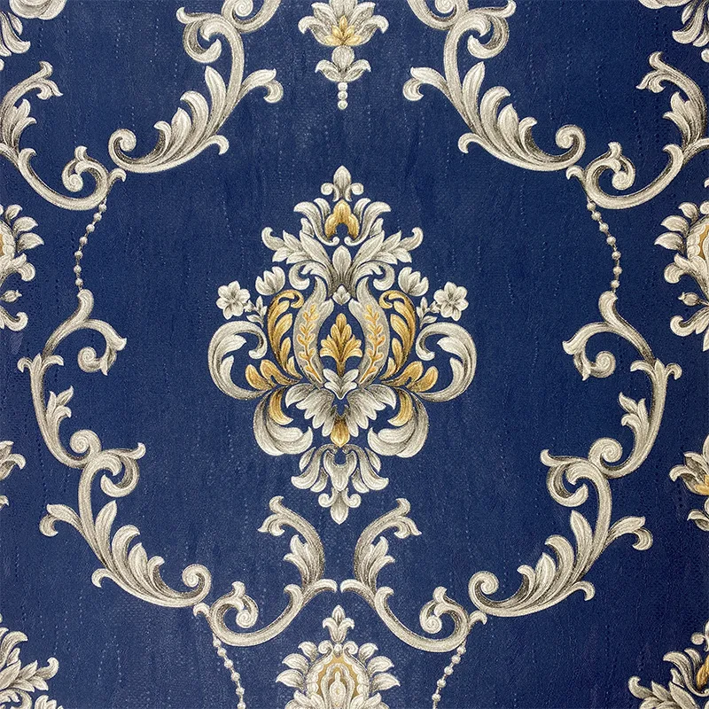 Luxury Royal Blue Gold Baroque Wallpaper Non-adhesive Classic Damask Floral Wall Paper for Home Living Room Bedroom Decoration