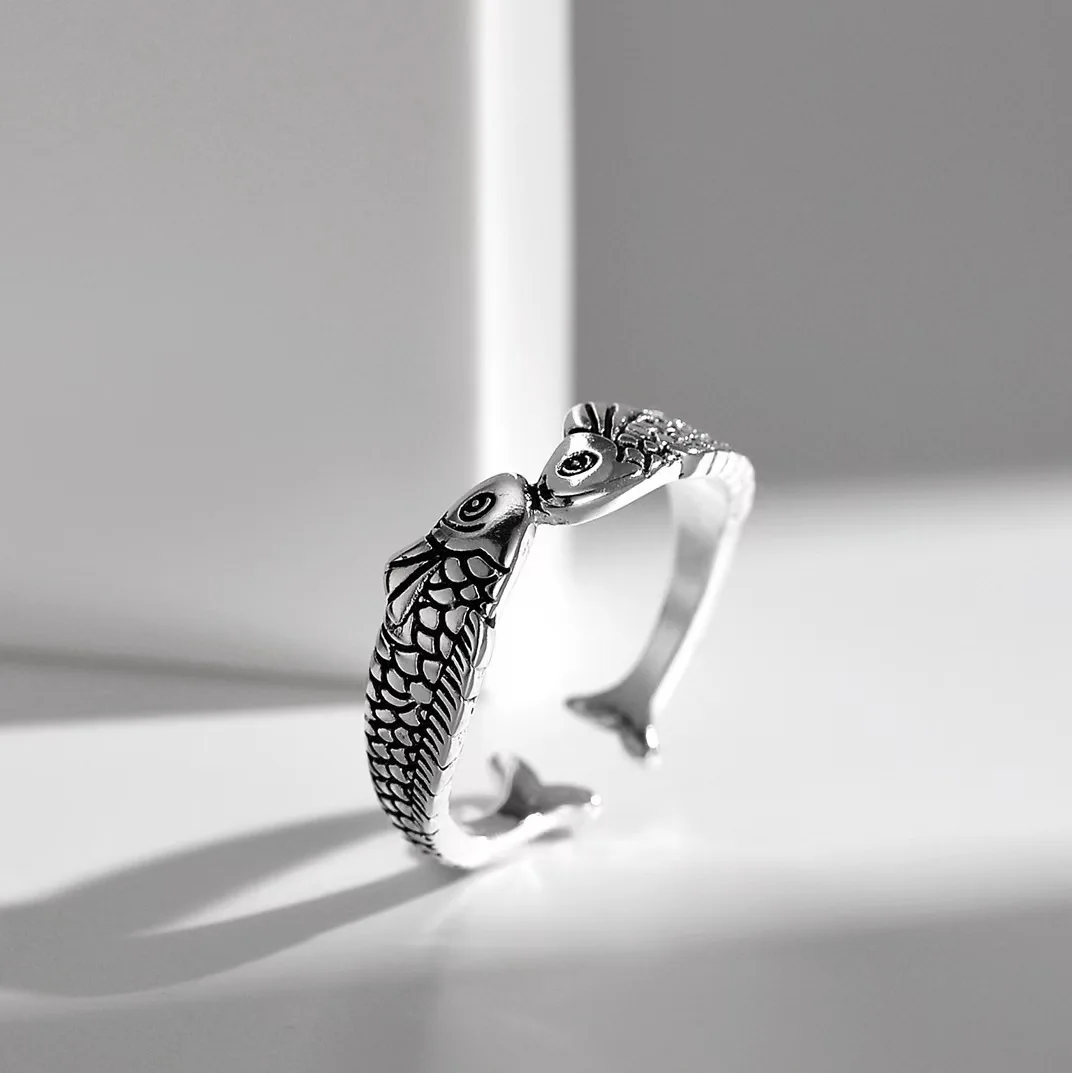 Forest Style Fresh Retro Double Carp Enamel Ring Adjustable Opening Relieve Pressure Fashionable Jewelry Women'S Accessories