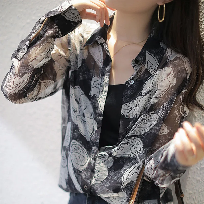 Fashion Printed Turn-down Collar Button Loose Casual Shirt 2023 Autumn New Plus Size Long Sleeve Tops Commute Women\'s Blouse