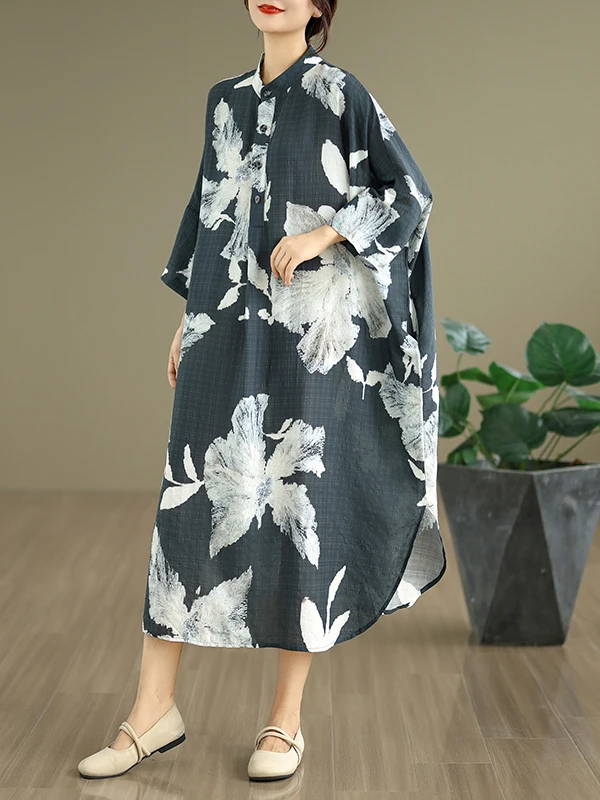 Rétro coton lin imprimé col montant ample longue été Dr t-shirt bouton vacances Dr trajet Sle H pe décontracté Dr