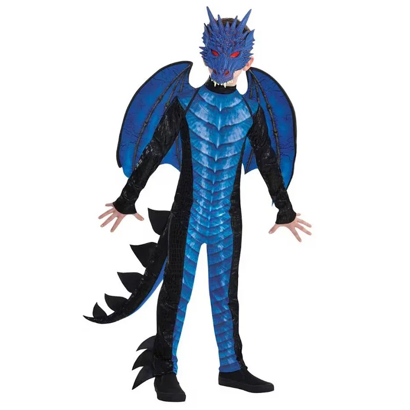 2025 New Arrival Boy Deadly Dragon Halloween Costume Dress Up Kids Black and Blue Dragon Wings and Mask Costume