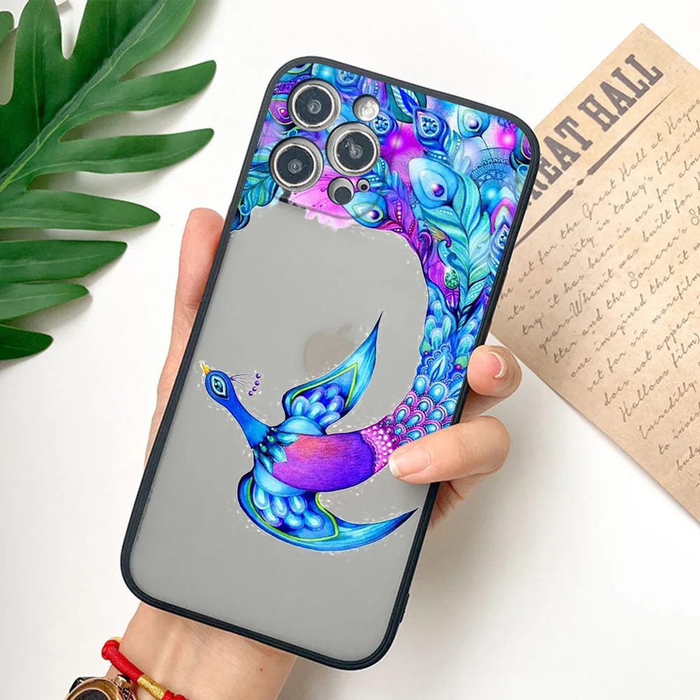 For iphone 16ProMax 15 Pro 14 13 12 Mini 11 7 8 16 Plus XS Max XR Hourglass Phoenix Frosted Translucent Cover Black Phone Cases