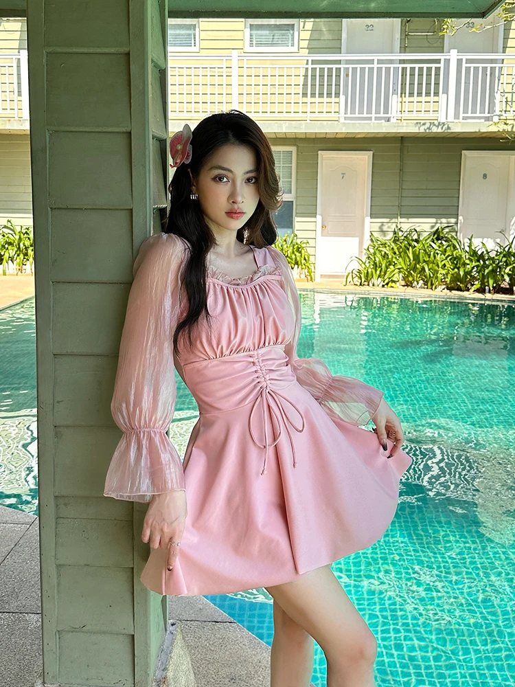 

plus Size Women's Swimsuit Slimming Coverage Hot Spring Vaion Beach Casual Swimwear Long Sve Fixed Chest Pad